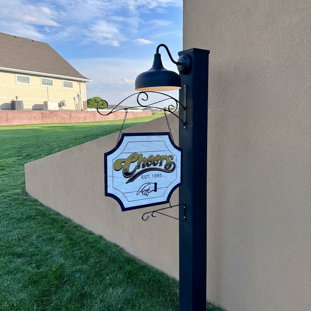 Custom fabricated sign with ornamental bracket and wall-mounted lamp