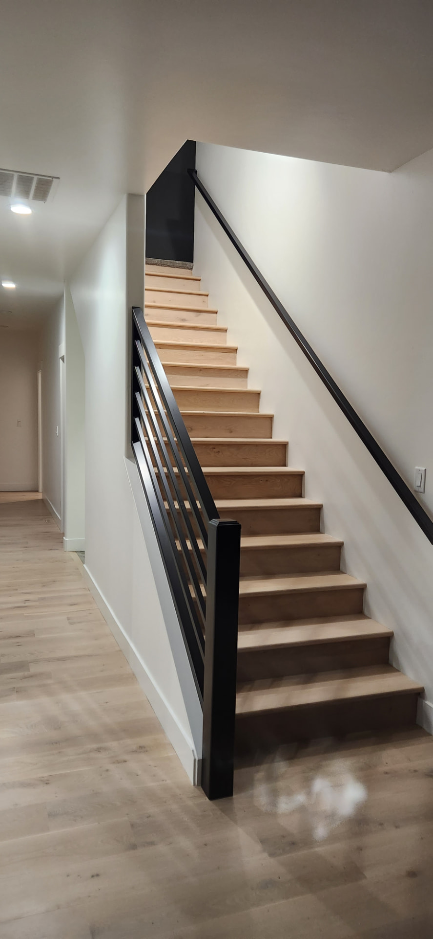 Black steel stairwell guardrail with matching wall mounted handrail